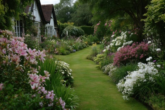 A garden with a path leading to a house photo