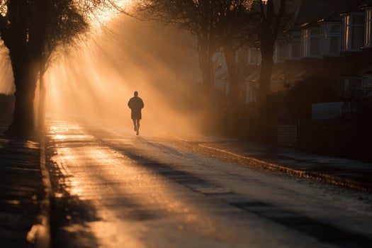 A person is running down a street in the sun photo
