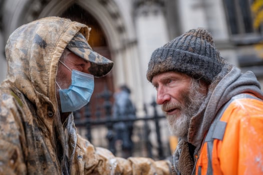 Two homeless men wearing masks and coats photo