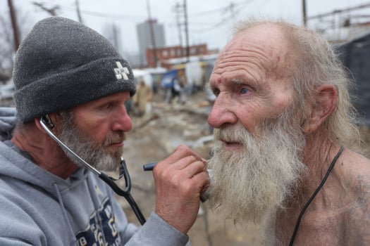 A man with a stethoscope on his face is talking to an older man photo