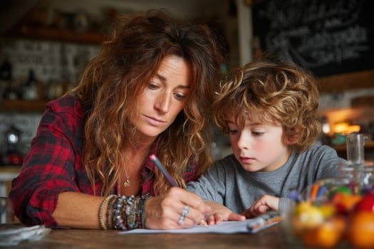 A woman and a child are working on a project together photo