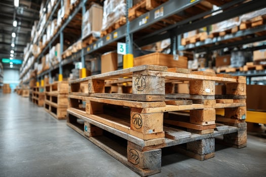 A warehouse with pallets and boxes on shelves photo