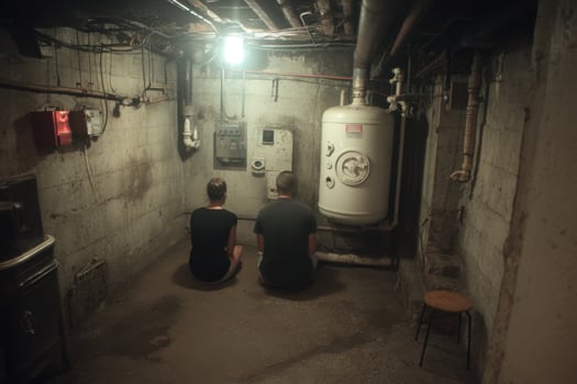 A couple sitting in a basement photo