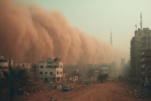 A sand storm is blowing over a city photo