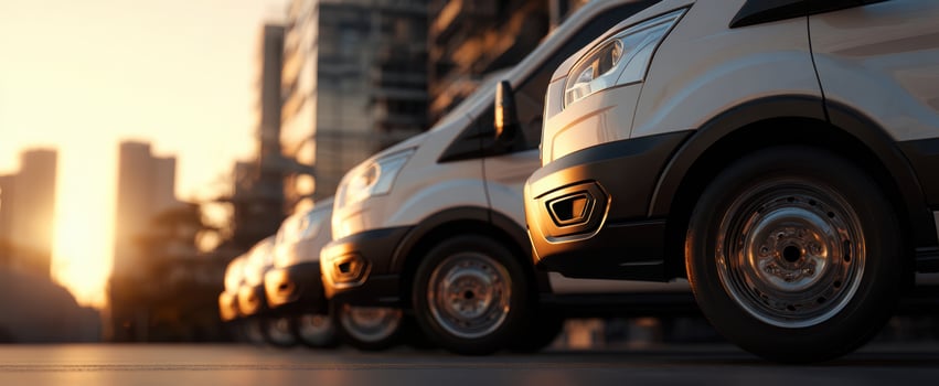 The lineup of delivery vans under the glowing sunset in an urban setting photo
