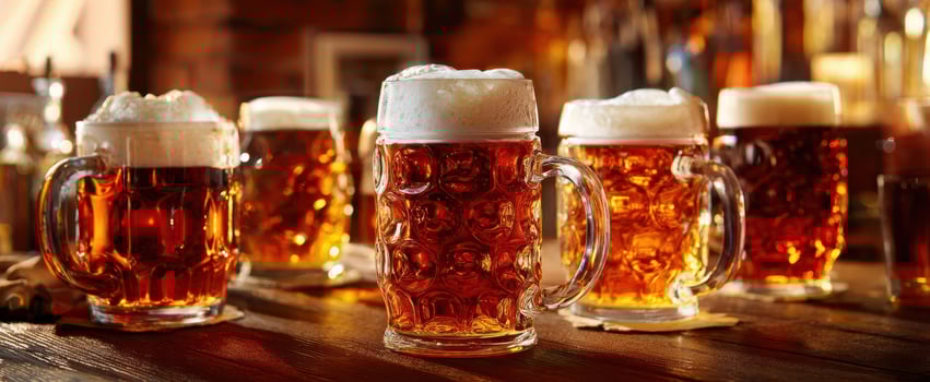 The Collection of Refreshing Beers in Artistic Glass Mugs on a Bar Counter photo