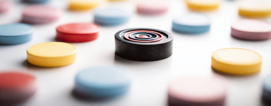 The vibrant tokens arranged around a central circular game piece. photo
