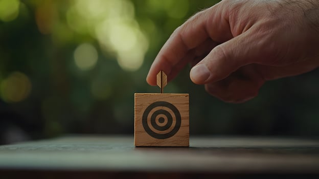 Achieving Business Goals Arrow Hitting Target on Wooden Block Strategic Aim and Success Concept photo