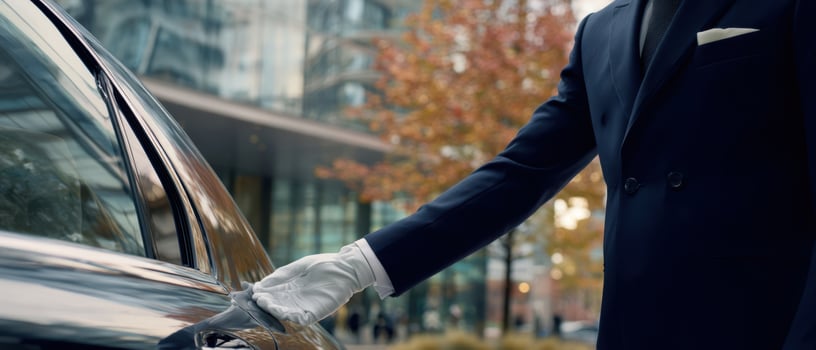 The elegant chauffeur opening the door of a luxury car in an urban setting. photo