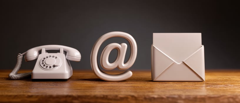 The telephone, email symbol, and envelope on a wooden surface. photo