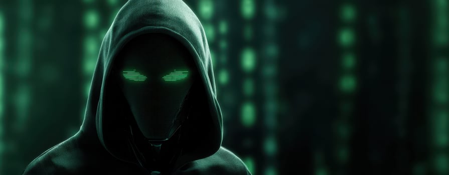 The enigmatic hacker cloaked in a digital world of green binary codes. photo