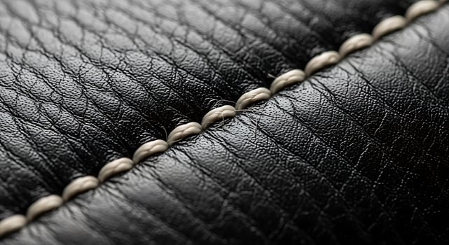 Detailed view of black leather with contrasting cream stitching photo