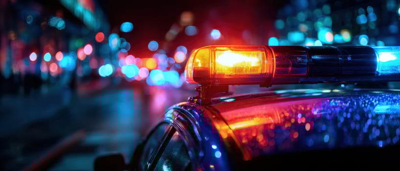 The flashing police lights illuminate a vibrant city scene at night. photo