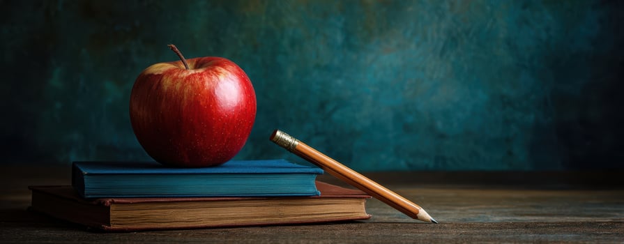 The vibrant red apple resting on two stacked books with a pencil. photo