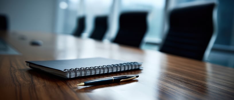 The notebook and pen set on a sleek conference room table. photo