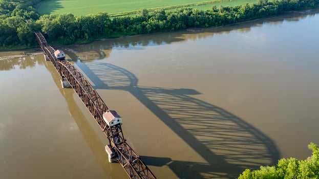 Historic railroad Katy Bridge over Missouri River at Boonville with lifted midsection and visitor observation deck - aerial view photo