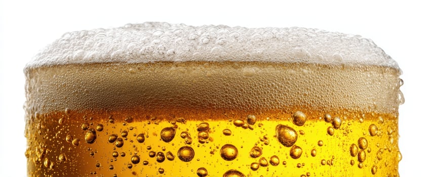 The frothy beer glass showcasing bubbles and amber liquid refreshment. photo