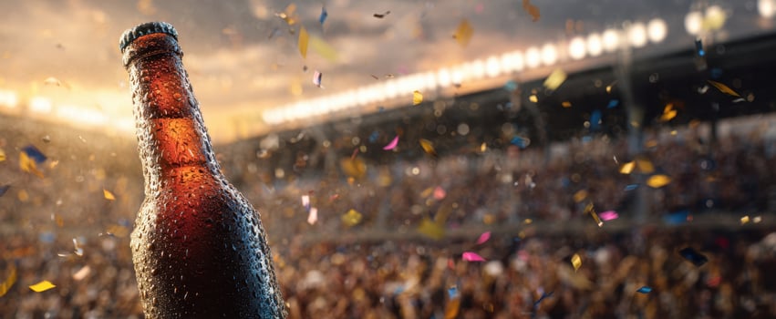 The bottle rising above a lively celebration in a vibrant stadium atmosphere. photo