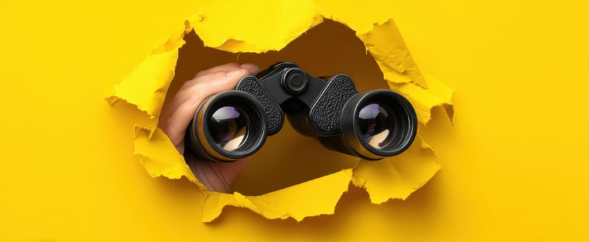 The binoculars revealing a vibrant world through a torn yellow backdrop. photo