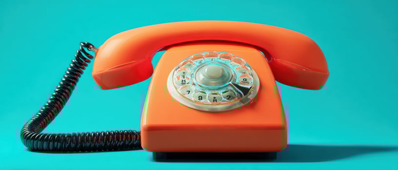 The vibrant orange rotary telephone on a bright turquoise background photo
