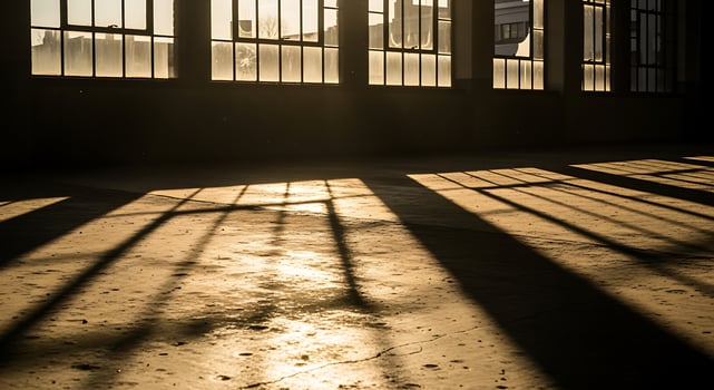 Sunlight casting long shadows across the floor of an empty building photo