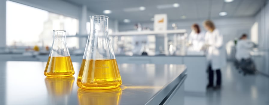 The scientific laboratory featuring yellow liquids in glass flasks and beakers. photo