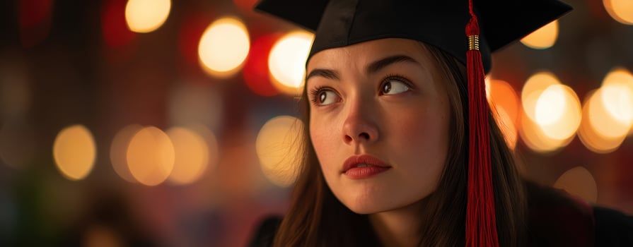 The thoughtful graduate contemplating her future amidst festive lights photo