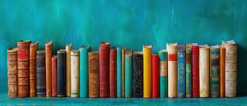The vintage collection of colorful books lined up against a teal background. photo