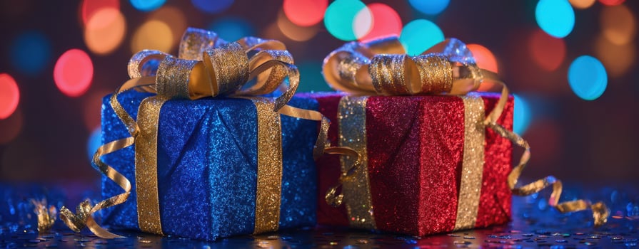 The vibrant holiday presents with sparkling decorations and festive atmosphere photo