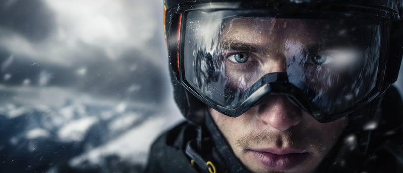 The determined skier braving the elements in a stunning mountain landscape. photo