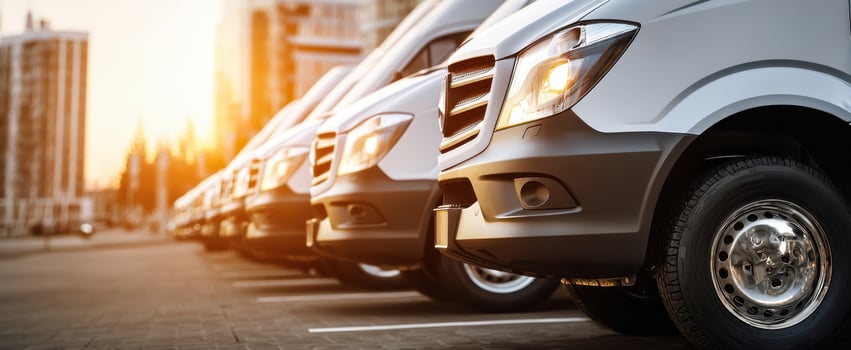 The fleet of silver vans parked in an urban setting during sunset. photo
