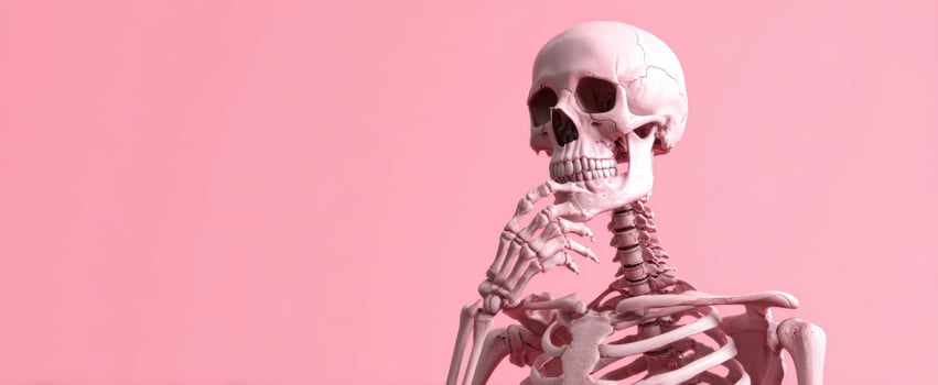 The Skeleton Pondering in a Unique Pink Background Setting photo