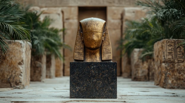 Ancient Egyptian pharaoh bust on display in temple ruins photo