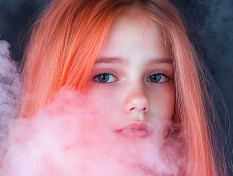 Vibrant portrait of a young person with striking pink hair and blue eyes photo
