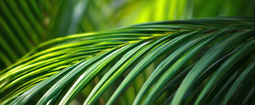 The lush green palm leaves catching sunlight in a serene tropical setting. photo