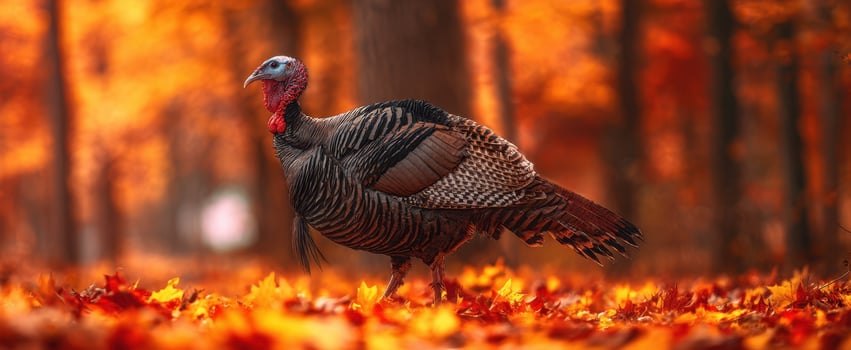 The Turkey Walking Amidst Vibrant Autumn Leaves in a Peaceful Forest photo