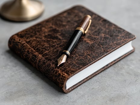 Elegant fountain pen resting on a leather bound journal photo