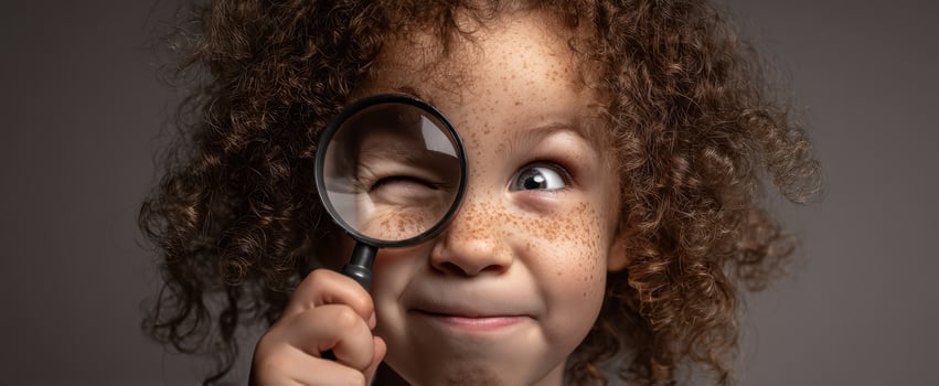 The playful child exploring with a magnifying glass and a joyful expression. photo