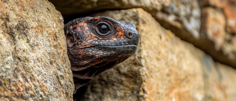 Chuckwalla lizard peers out from rocky crevice photo