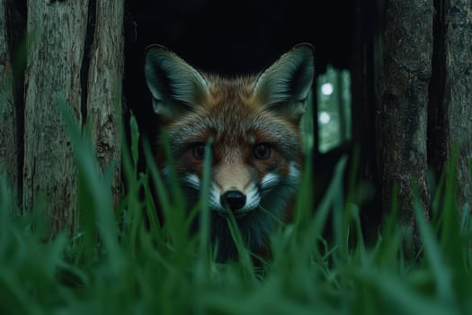 Intense fox peers out from a rustic den photo