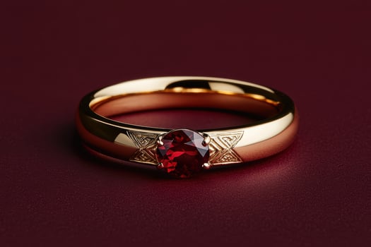 Elegant gold ring with red gemstone on maroon surface photo