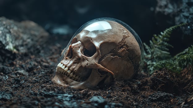 Eerie skull encased in glass on forest floor photo