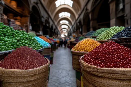 Vibrant spices and produce in a bustling market bazaar photo
