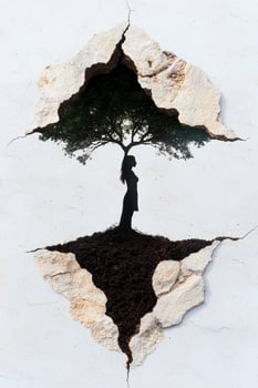 Silhouette of a woman growing from soil and tree photo