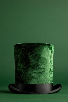 Elegant green velvet top hat on green background photo