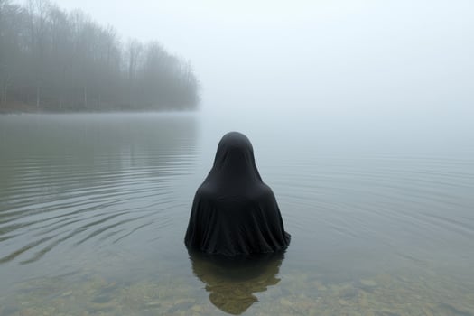 Mysterious figure draped in black cloth emerges from misty lake photo