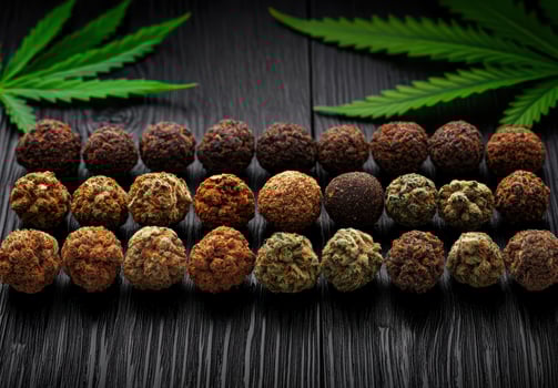 Truffles and cannabis buds on dark wooden surface photo