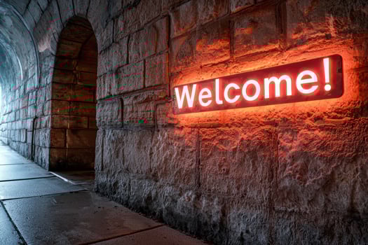 Illuminated welcome sign glows in a stone tunnel photo