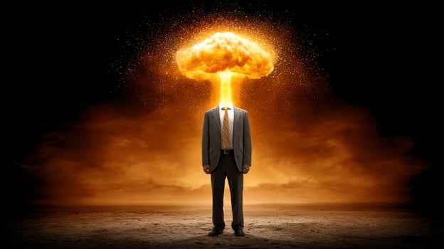 A headless man in a suit with an atomic explosion in place of his head photo