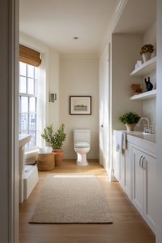 A serene bathroom featuring natural light, clean design and warm wooden floors photo